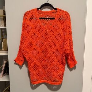 Vibrant Orange Crochet Knit V-Neck Sweater